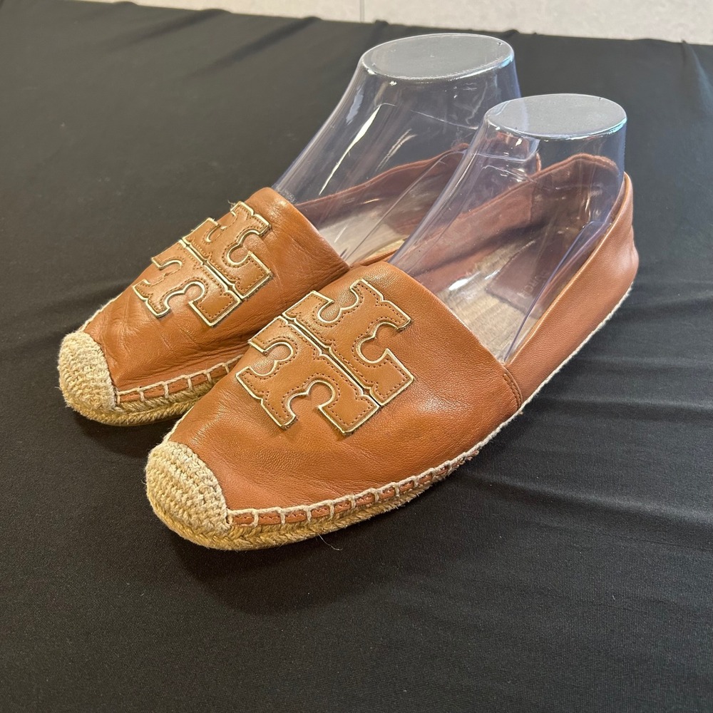 Tory Burch Women's Cognac Brown leather‎ jute espadrille flats logo